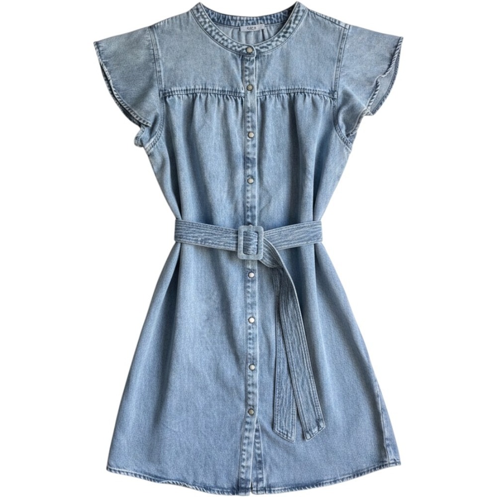 Rails Letta Faded Indigo Denim Mini Dress Flutter Sleeve Snap Front Large